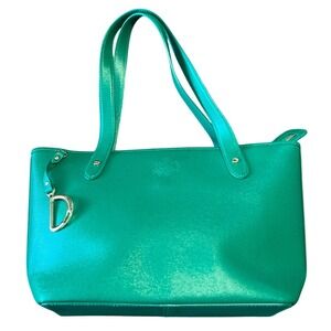 Lauren Ralph Lauren Green Textured Faux Leather Tote Bag Zip Top RL Charm